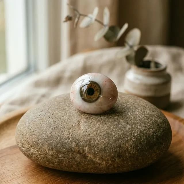 Close-up of a pristine prosthetic eye representing maintenance and care
